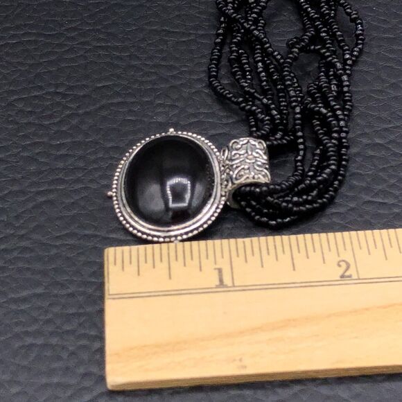 Black Oval Pendant Necklace Multi Strand Glass Seed Beads Antiqued Silver Tone - Picture 8 of 8
